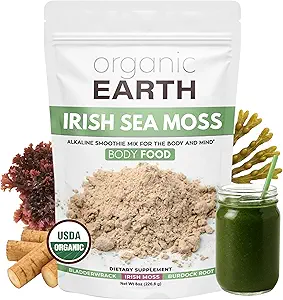 Organic Earth Irish Sea Moss Powder 8oz - Wildcrafted Sea Moss Organic with Bladderwrack & Burdock Root Powder - Thyroid, Digestion Support & Healthy Skin - USDA Certified Organic