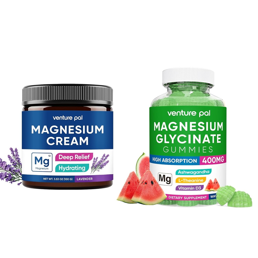 Venture Pal Moisturizing Magnesium Lotion,Magnesium Glycinate Gummies 400mg con Ashwagandha