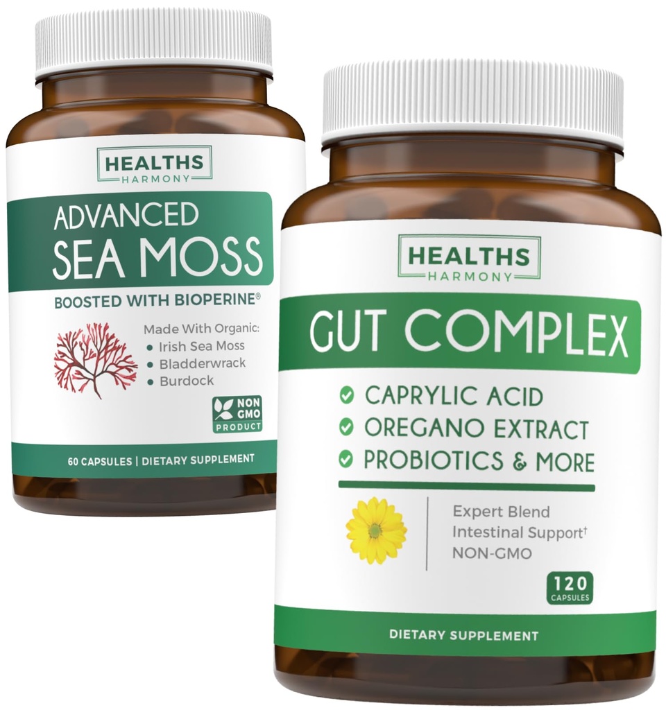 Bundle of Gut Complex & Irish Sea Moss - Inner Thrive Combo - Gut Complex with Caprylic Acid & Irish Sea Moss Capsules - Raw Vegan Supplement with BioPerine (Non-GMO & Organic) - 60 Capsules