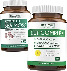 Bundle of Gut Complex " Irish Sea Moss - Inner Thrive Combo - Complejo Gut con caprílico ácido " Irish Sea Moss Capsules - Raw Vegan Suplemento con BioPerine (Non-GMO " Orgánico) - 60 cápsulas