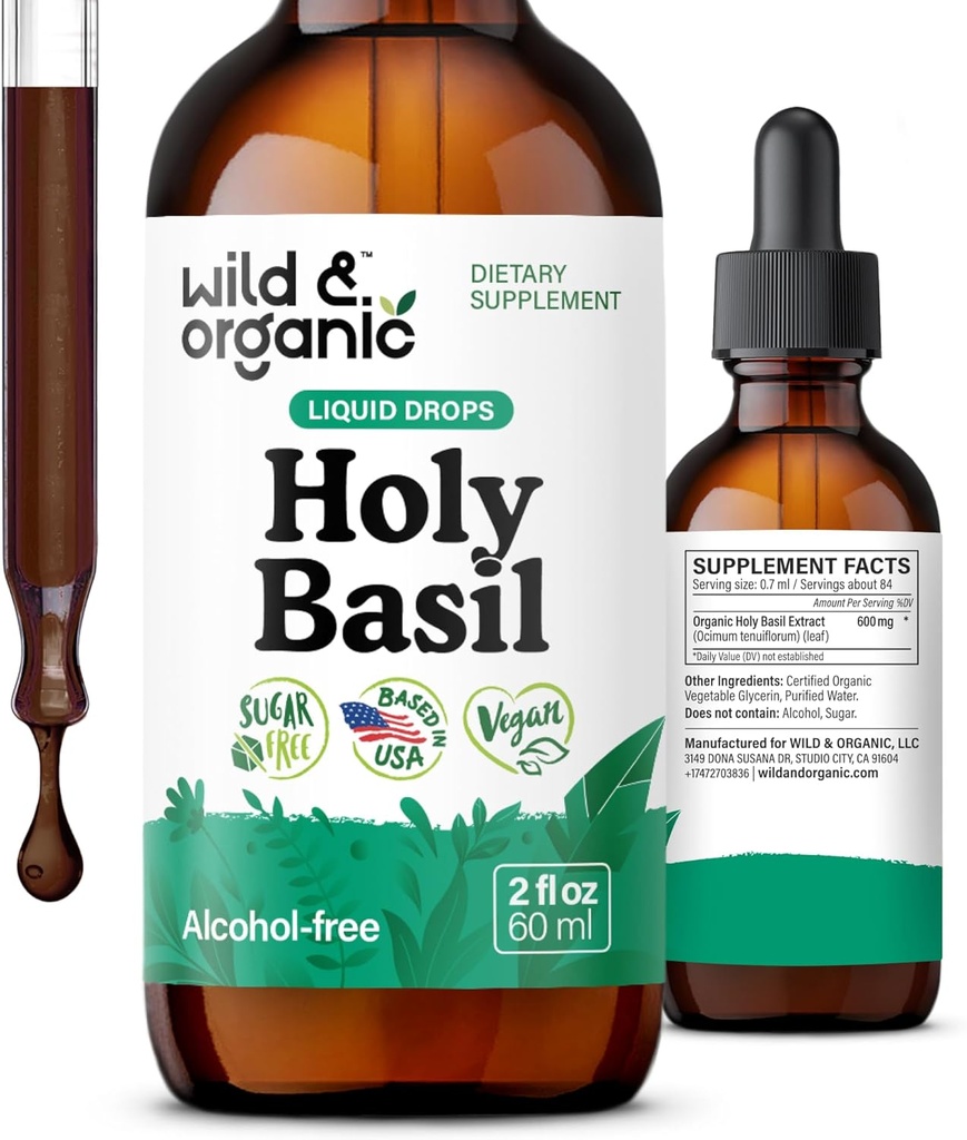 Wild &amp; Organic Holy Basil Leaf Tintura - Relax, Calmness, Mood Support - Tulsi Holy Basil Supplement - Vegan, Sugar &amp; Alcohol-Free Herb Extract Drops - 2 fl oz