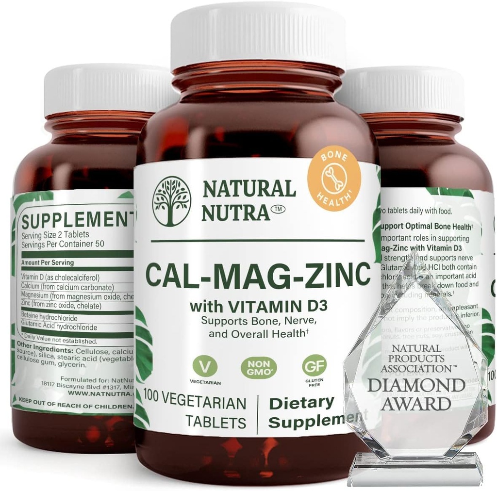 Natural Nutra Calcio Magnesio Zinc Suplemento con vitamina D3 para la fuerza ósea y muscular, promueve la salud nerviosa, mejora su digestión, libre de gluten, libre de azúcar, 100 tabletas (Pack of 2)