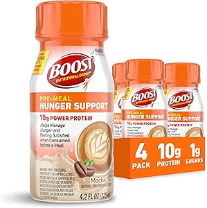 BOOST Pre-Meal Hunger Support Nutritional Drink, Promotes Natural GLP-1 Response to a Meal, 10g Whey Protein, 45 Calorie, Ready-to-Drink & Fat-Free, Mocha Flavor, 4.2 FL OZ (125mL) Bottle (4 Pack)