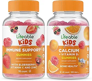 Lifeable Immune Support Kids + Calcium with Vitamin D Kids, Gummies Bundle - Great Tasting, Vitamin Supplement, Gluten Free, GMO Free, Chewable Gummy
