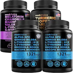 MEDCHOICE Sleep Melatonin (90ct), Turmeric " Ginger (120ct), y Nootropic Brain (120ct) Supplement Bundle - Wellness Trio for Brain, Sleep, " Immune Support - Vegan, Non-GMO, Gluten-Free