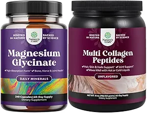 Bundle of High Absorption Magnesium Glycinate Capsules for Calming Sleep Plus Muscle Bone & Nerve Support and Multi Collagen Protein Powder for Women and Men - Hair Skin and Nails Vitamins