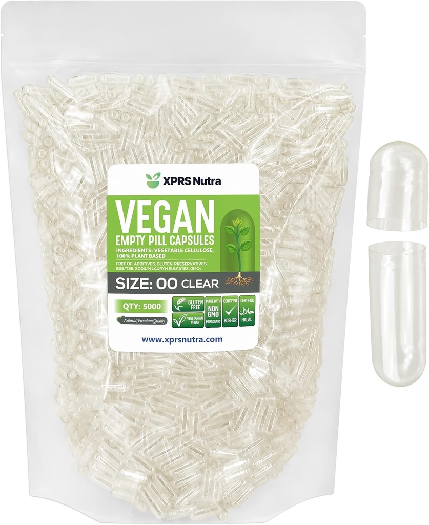 XPRS Nutra Tamaño 00 Empty Capsules - 5000 Conde Se unió a cabos Vegan vacíos claros - píldoras vacías vegetarianas - DIY Vegetable Capsule Filling- Veggie Pill Caps