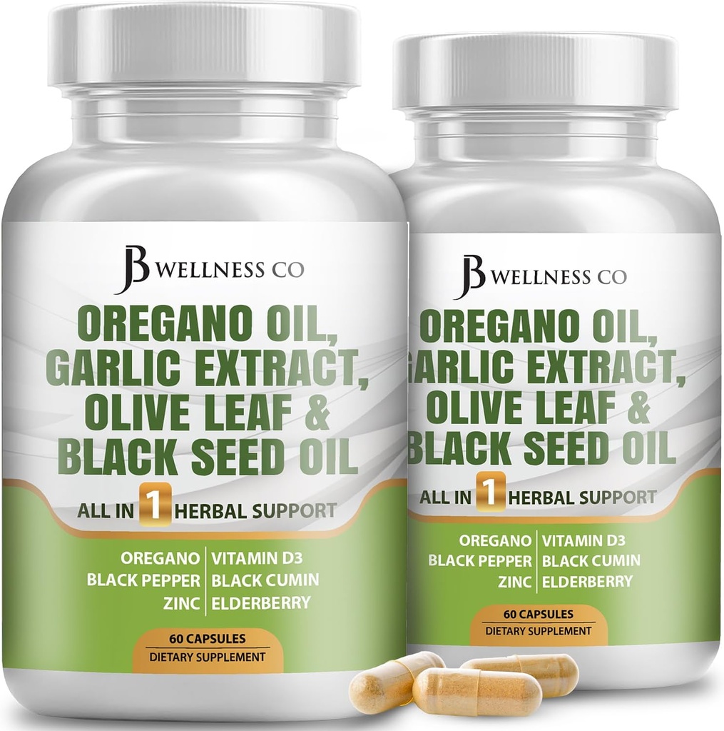 JB Wellness Oregano Oil, Ajo Extract, Hoja de Oliva, con Astragalus - Apoyo Inmunitario &amp; Suplemento Digestivo de Salud para Mujeres y Hombres - 120 Conde