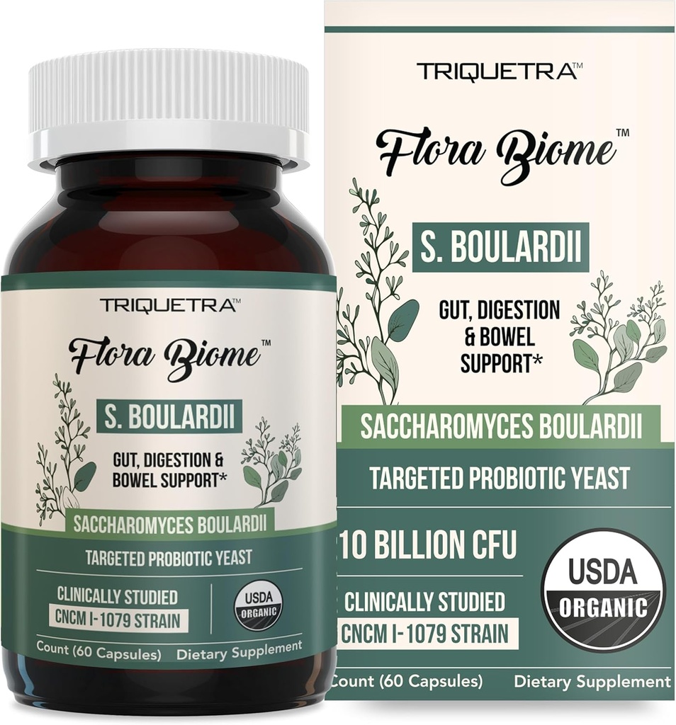 Saccharomyces orgánicos Boulardii - 10 Billones CFU - Clínicamente validada CNCM I-1079 Strain Probiótico - Gut, Digestión &amp; Soporte de Tazón Saludable - Primera Forma Orgánica de S. Boulardii Probiótico - 60 Cuenta