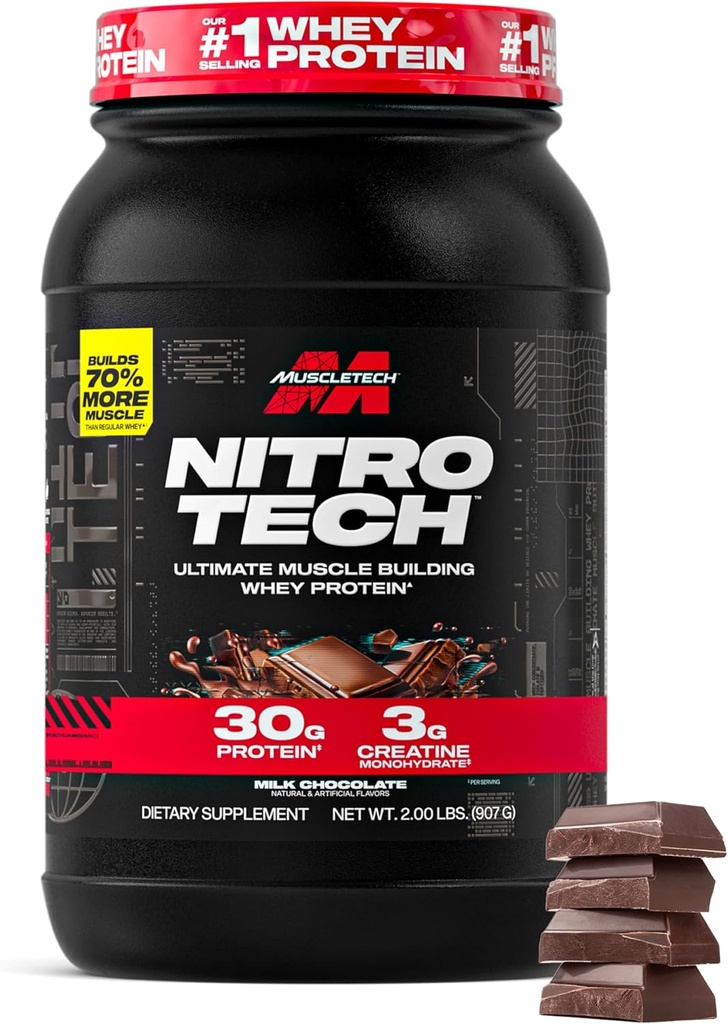 Muscletech Whey Protein Powder (Milk Chocolate, 2 libras) - Nitro-Tech Ultimate Muscle Building Formula with Whey Protein Isolate - 30g of Protein, 3g of Creatine &amp; 6.8g de BCAA - Packaging May Vary