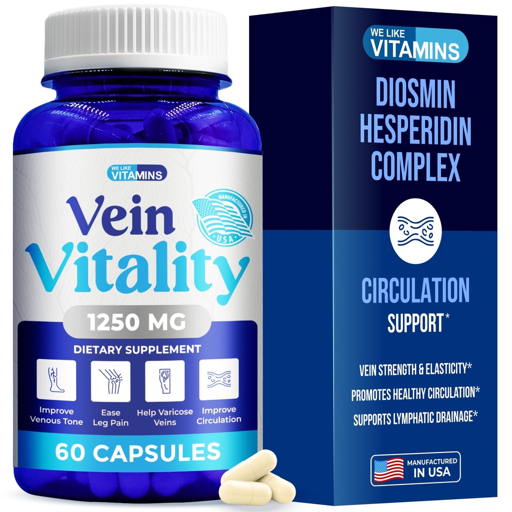 Nos gusta Vitaminas Vitalidad Veinte 1250mg Complejo Diosmin Hesperidin para Tratamiento de Veinas Varicosa, Castaña de Caballo, Carnicerías Broom, Bioflavonoides - Apoya la Circulación de la Sangre para Veins- 60 cápsulas