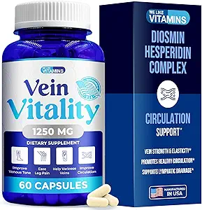 Nos gusta Vitaminas Vitalidad Veinte 1250mg Complejo Diosmin Hesperidin para Tratamiento de Veinas Varicosa, Castaña de Caballo, Carnicerías Broom, Bioflavonoides - Apoya la Circulación de la Sangre para Veins- 60 cápsulas
