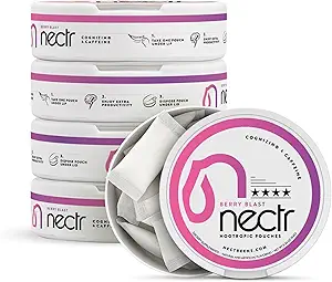 Nectr Energy Nootropic Pouches – Berry Blast Flavored, Caffeine Pouches with Cognizin® Citicoline. Treats cerebrales libres de azúcar. Smooth, Sustained Focus & Energy Supplement - 5 Pucks of 16pcs