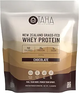 Taha Health & Nutrition Chocolate Flavored Whey Protein Concentrate Powder, 25g Protein, 140 Calories, 2g Sugar ← Nueva Zelanda Grass-Fed, Free-Range Dairy TEN Gluten and Soy Free, Keto, Kosher ← 2LB