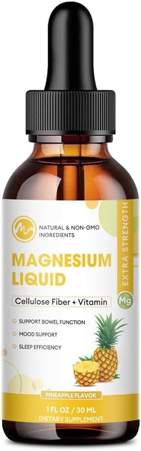 M inch Magnesium Glycinate Liquid, Absorción alta Magnesium Liquid Drops with Cellulose Fiber, Bromelain, Vitamina B6, C, D, Zinc, Magnesium Supplement for Kids and Adults, Pineapple Flavor, 1 Pack
