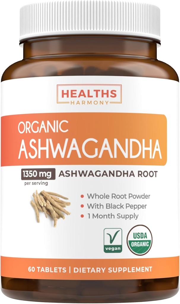 USDA Organic Ashwagandha Supplement - High Potency Ashwagandha Pills Made with Organic Black Pepper for Enhanced Absorption - Vegan Non-GMO Made in the USA &amp; Lab Verified (1 Months Supply)