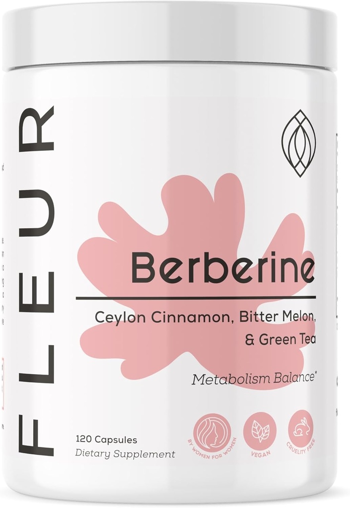 FLEUR Berberine HCL con canela orgánica, Melón de bitter & Green Tea Extract, soporta el corazón, el sistema digestivo e inmunitario, Vitality Support for Men and Women, Non-GMO & Vegan, 120 cápsulas