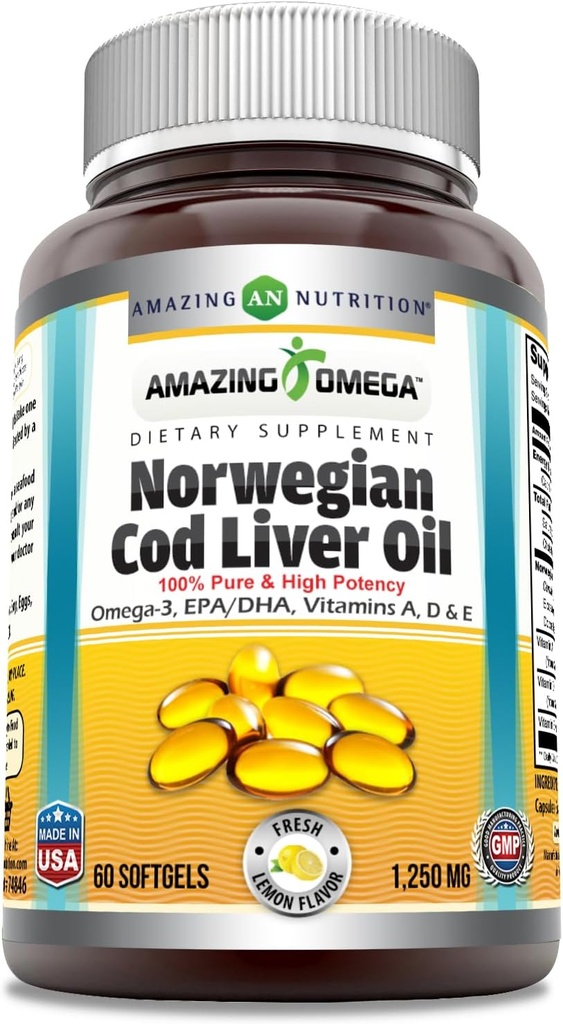 Increíble Omega Norwegian Cod Liver Oil 1250 Mg Softgels Suplemento ← Omega-3, EPA, DHA, Vitamina A, Vitamina D &amp; Vitamina E (Límón Silencioso 60 Cuenta)