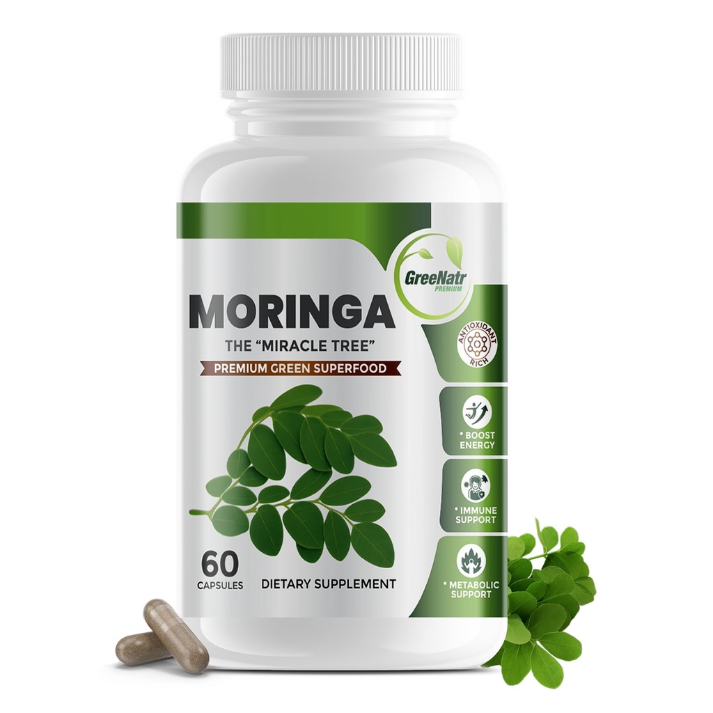 Pura Moringa Oleifera Superfood Capsules con Vitamina C, Omega 3 " Aminoácidos - Boosts Energy, Mood, Memory, Immune Support - Hecho de Moringa Orgánica, Non-GMO - 60 cápsulas (1 Botella)