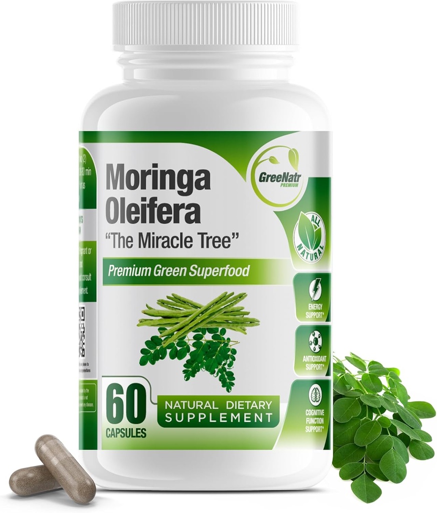 Pura Moringa Oleifera Superfood Capsules con Vitamina C, Omega 3 " Aminoácidos - Boosts Energy, Mood, Memory, Immune Support - Hecho de Moringa Orgánica, Non-GMO - 60 cápsulas (1 Botella)
