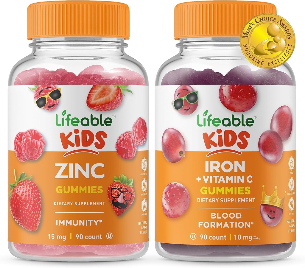 Niños Zinc Lifeable + Hierro &amp; Vitamina C Kids, Gummies Bundle - Gran Tasting, Suplemento de vitaminas, Gluten Gratis, GMO Gratis, Chewable Gummy