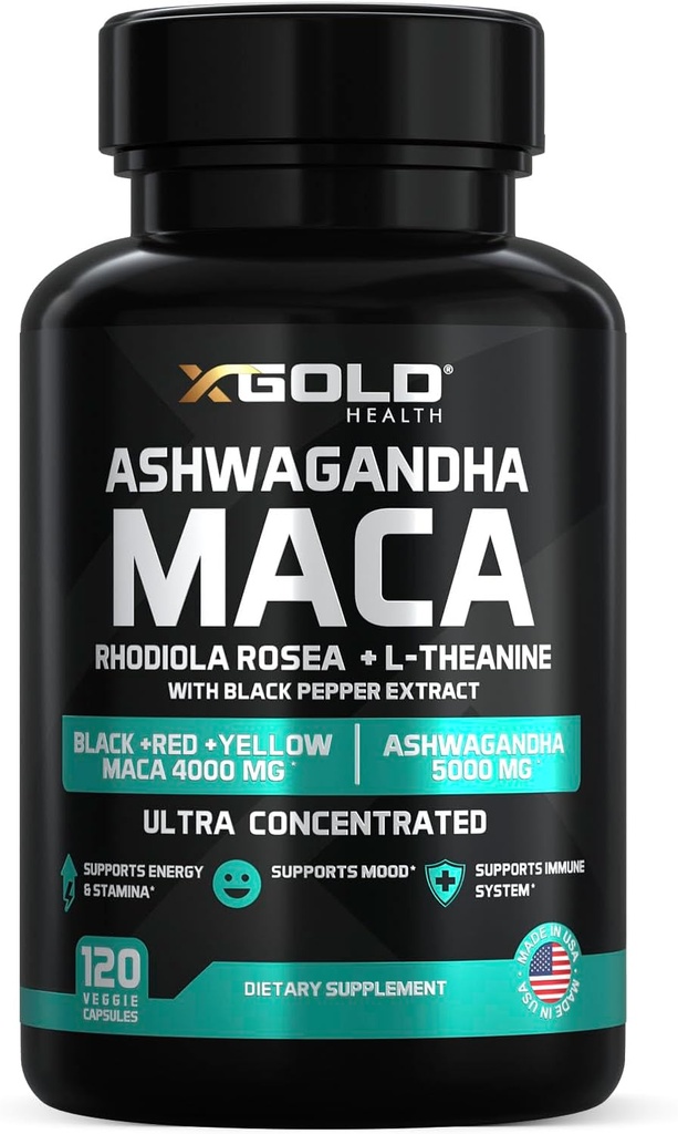 Ashwagandha 5,000mg + Maca Root Negro, Rojo, Amarillo 4,000mg, Rhodiola & L-Theanine: 30:1 Extracto Ashwagandha Capsules, 20:1 Extracto Maca Root Capsules - Suplemento para Hombres y Mujeres