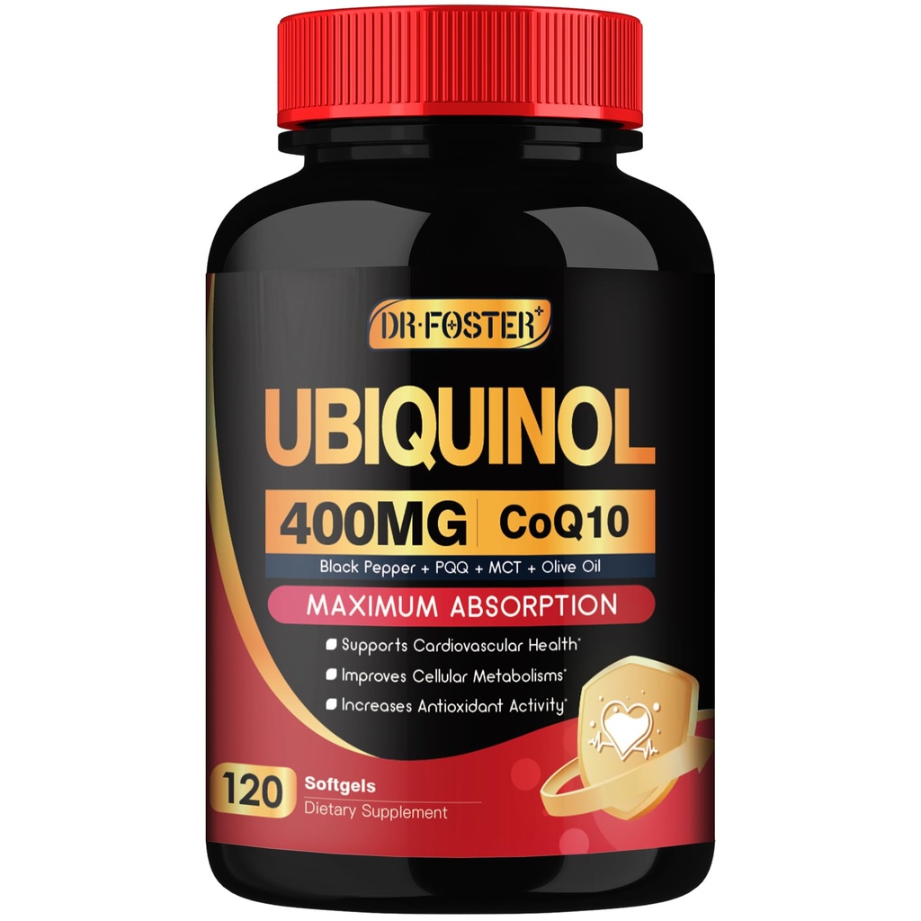 DRFOSTER Coq10 400mg Softgels Ubiquinol - Co Q 10 Suplemento Coenzima q10 Cq10 400mg Plus Vitamina E, PQQ, Black Pepper for Heart Health, 120 Cuentas