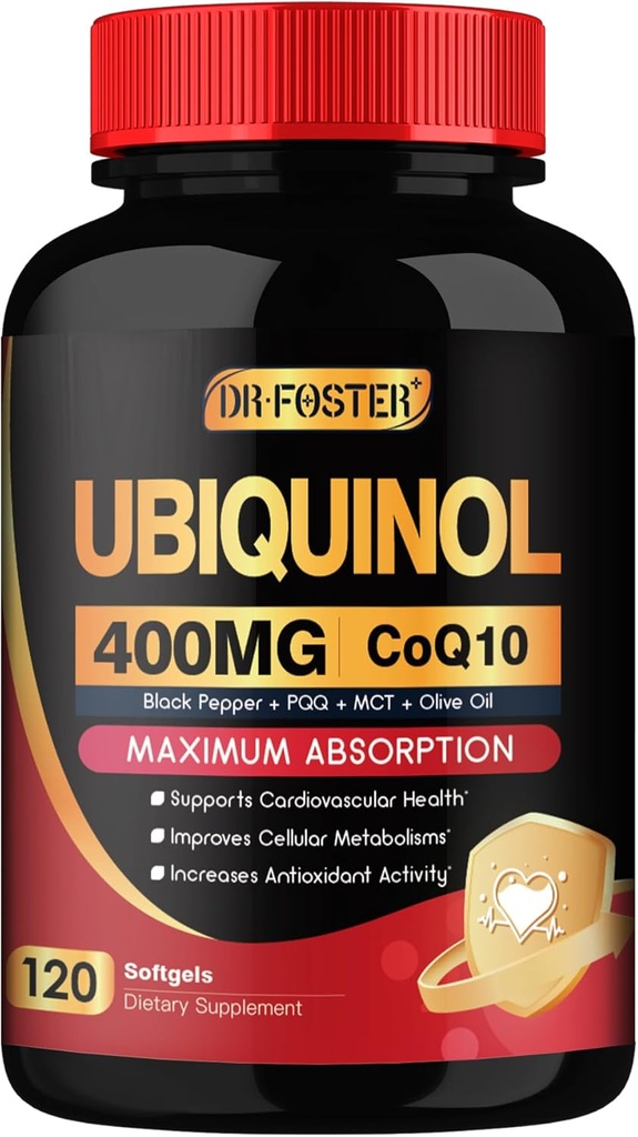 DRFOSTER Coq10 400mg Softgels Ubiquinol - Co Q 10 Suplemento Coenzima q10 Cq10 400mg Plus Vitamina E, PQQ, Black Pepper for Heart Health, 120 Cuentas
