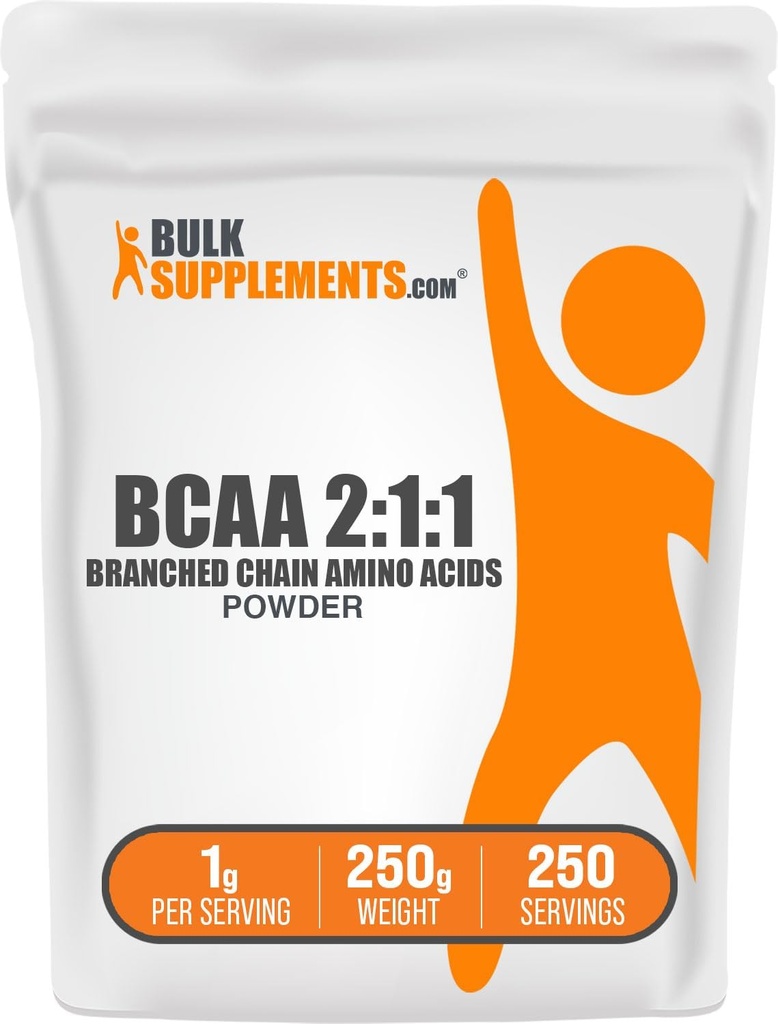 BulkSupplements.com BCAA 2:1:1 Powder - Aminoácidos de cadena ramificada, BCAAs Aminoácidos Polvo - Sin sabor, 1g por Serving, 250g (8.8 oz) (Pack of 1)