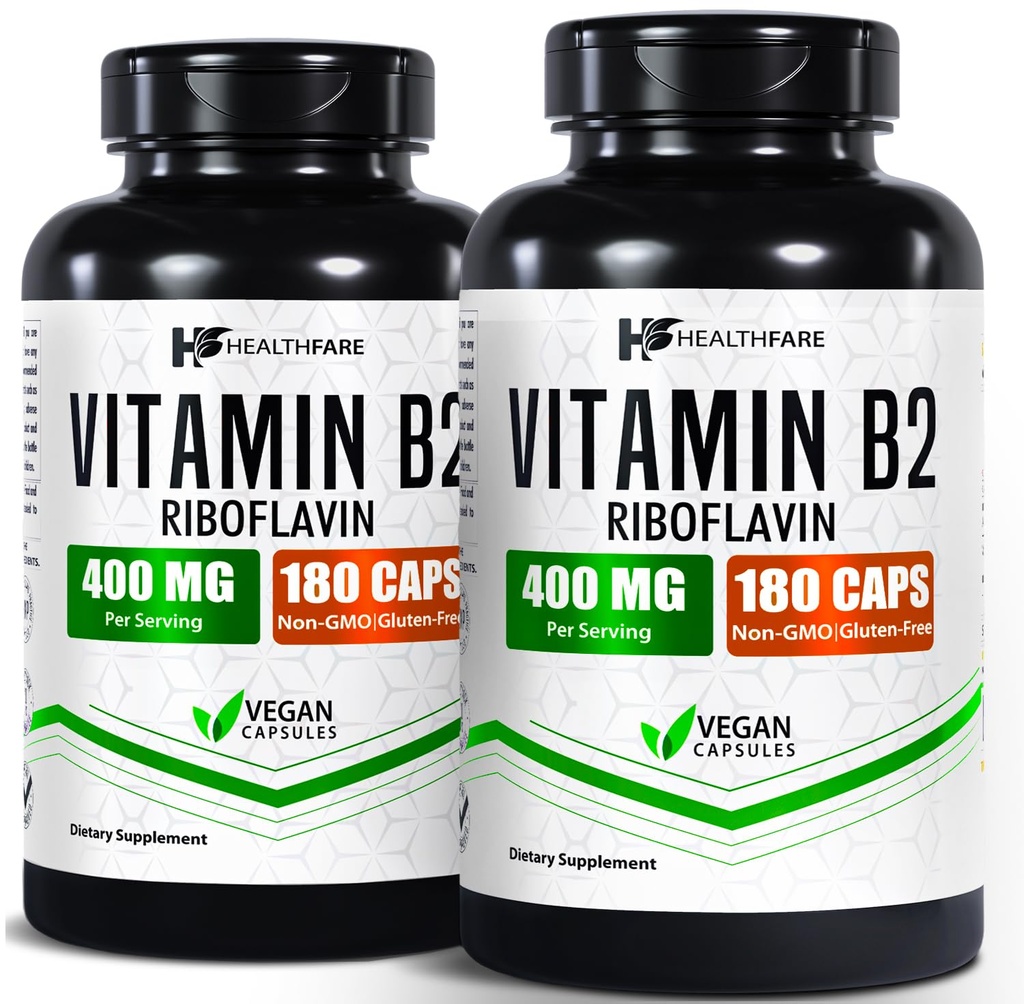 Healthfare Vitamin B2 Riboflavin 400 mg | Pack of 2 | 180 Veg Capsules Each | Supplement | Gluten-Free | Non-GMO