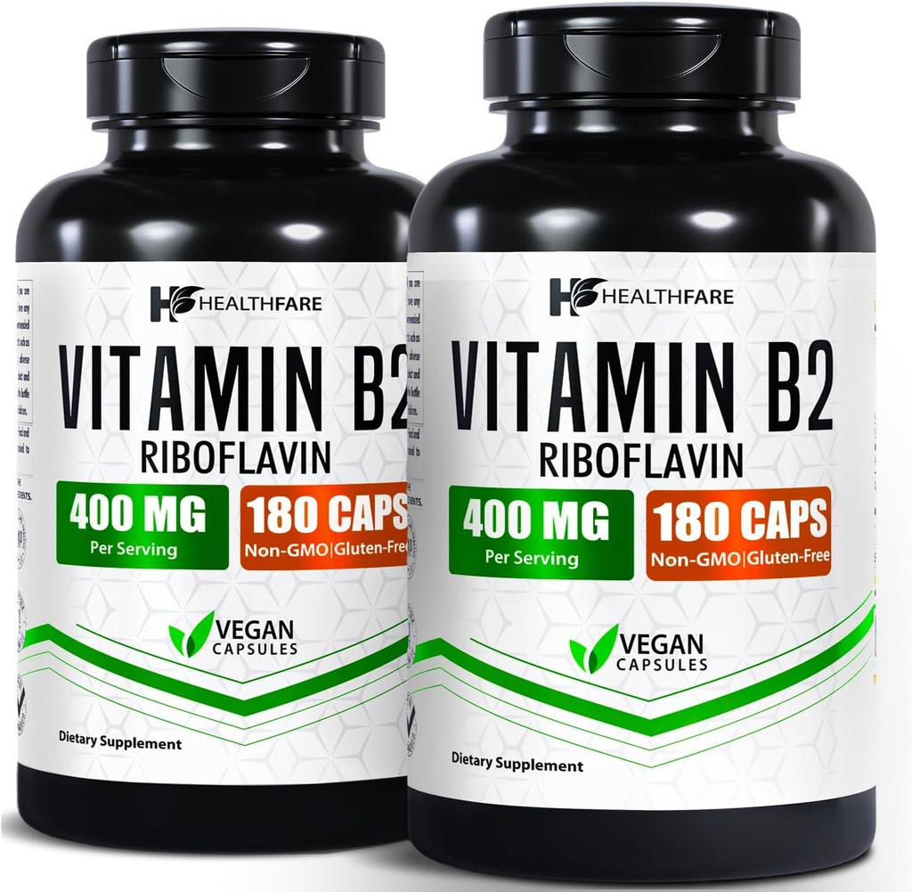 Healthfare Vitamina B2 Riboflavin 400 mg Silencioso Pack of 2 Silencio 180 Veg Capsules Cada suplemento Silencioso libre de gluten No GMO