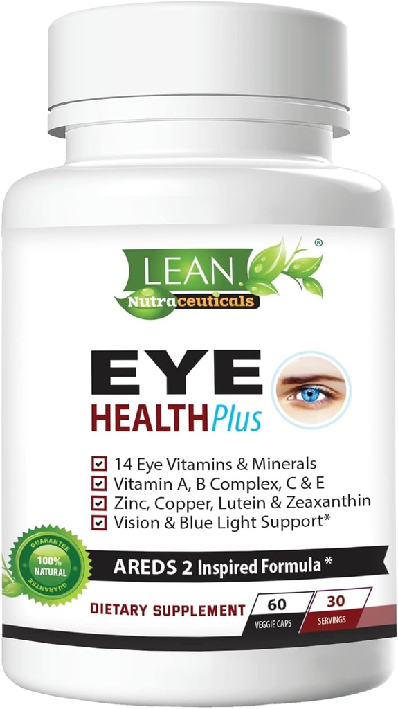 Areds 2 Eye Health Plus w/ Copper, Vitamina A B C E, Lutein " Zeaxanthin, Quercetin, Zinc, Bilberry Extract, Biotin - Cuidado de la vista, Sequedad, Strain, Visión nocturna Suplemento para adultos 60 cápsulas