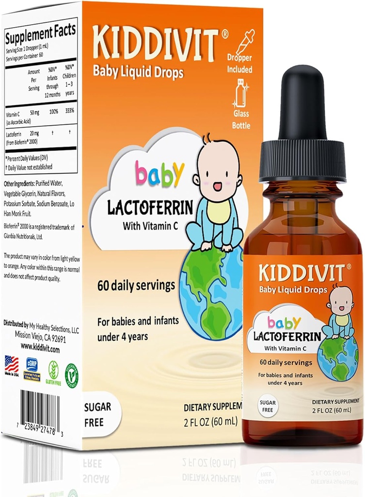 Kiddivit Baby Lactoferrin Liquid Drops – Gentle Immune Support Supplement – 100mg Formula with Prebiotic Inulin – 60 Daily Servings – Sugar Free, Gluten Free, Vegetarian, 2oz