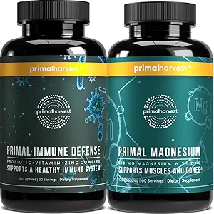 Suplemento de Magnesio &amp; Suplementos de Defensa Inmunitaria para Mujeres y Hombres por Primal Harvest - Soporte Conjunto cápsulas y Probiótico + Zinc + Complejo de Vitaminas