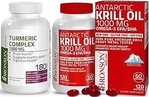 Curcumina de Turmérica Bronson con soporte articular BioPerine High Potency Premium + Aceite de Krill Antártico Bronson 1000 mg con Omega-3 EPA, DHA