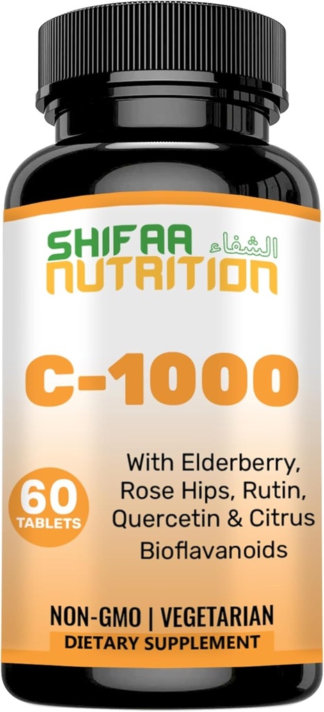 SHIFAA NUTRITION Halal Vitamin C-1000mg Tablets, 60 Days Supply. Suplemento de Apoyo Inmuno con Vitamina C, Elderberry, Quercetin, Rose HIPS & Rutin. Vegetariano, No GMO, Libre de Azúcar
