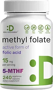 DEAL SUPPLEMENT L Methylfolate 15mg Por Serving, 240 Veggie Capsules – Active Folic Acid Form (5-MTHF), Bioavailable Methylated Folate – Prenatal, Energy, " Brain Support Supplement – Non-GMO