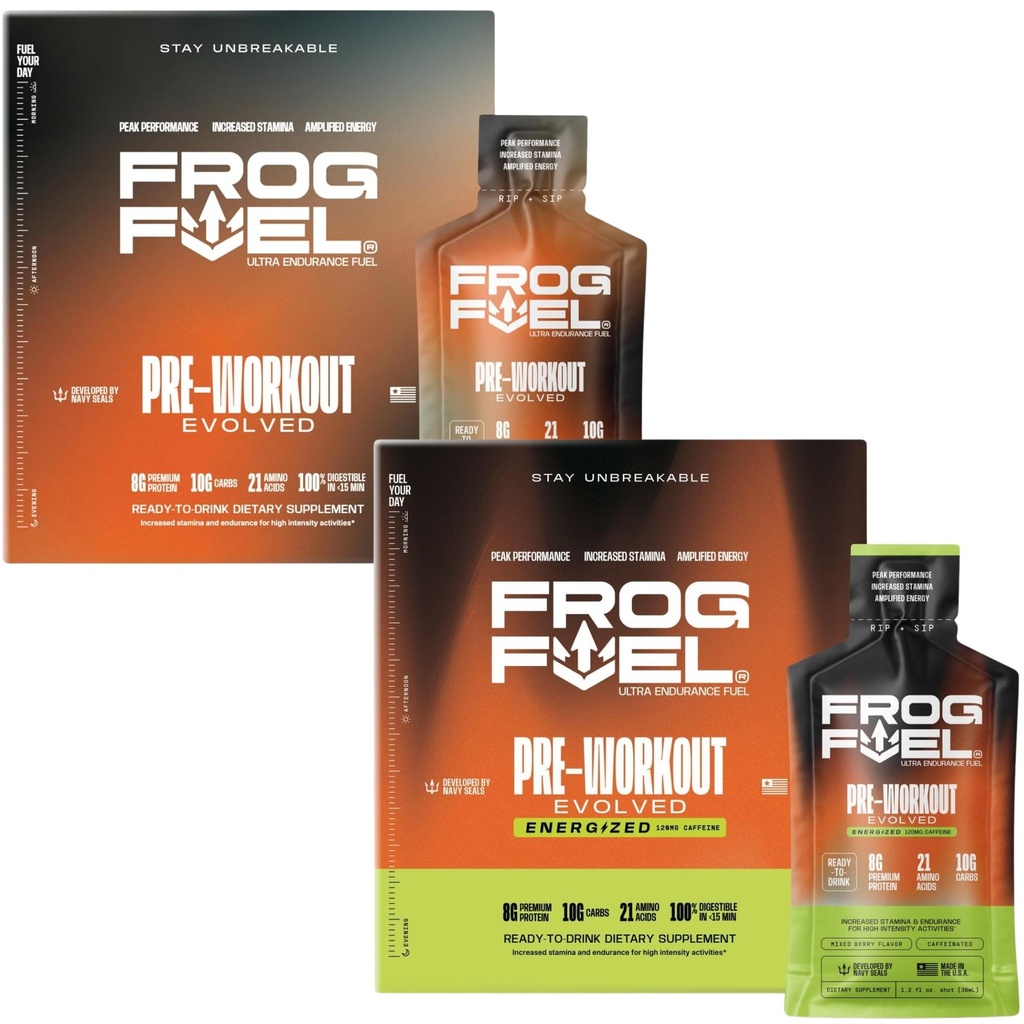 Frog Fuel Ultra & Energized Pre Workout Shot Bundle with 1500mg Beta Alanine, Electrolytes 8g Protein Nano-Hydrolyzed Grass Fed Collagen, 10g Carbs, Berry, 1.2 oz Packets, 48 Pack