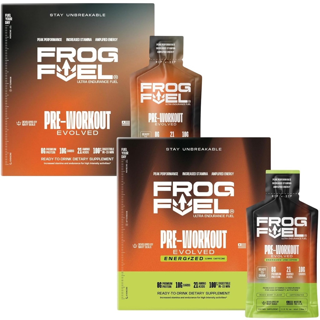 Frog Fuel Ultra &amp; Ultra Energized Pre Workout Shot Bundle con 1500mg Beta Alanine, Electrolytes 8g Protein Nano-Hydrolyzed Grass Fed Collagen, 10g Carbs, Berry, 1.2 oz Packets, 48 Pack Pack