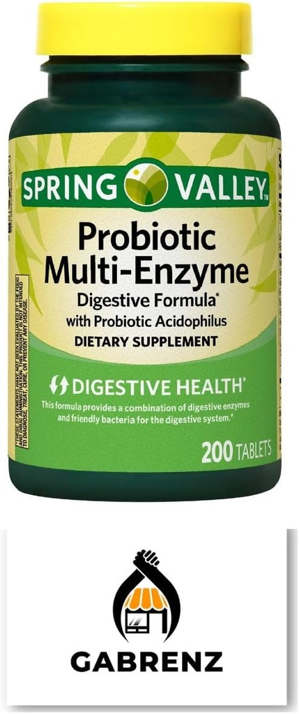 Spring Valley Probiotic Multi-Enzyme Digestive Formula Tablets, 200 ct - A Comprehensive Blend of Probiotics and Digestive Enzymes to Support Digestive Health. (Pack of 1) Incluye un Gbz Ref Magnet