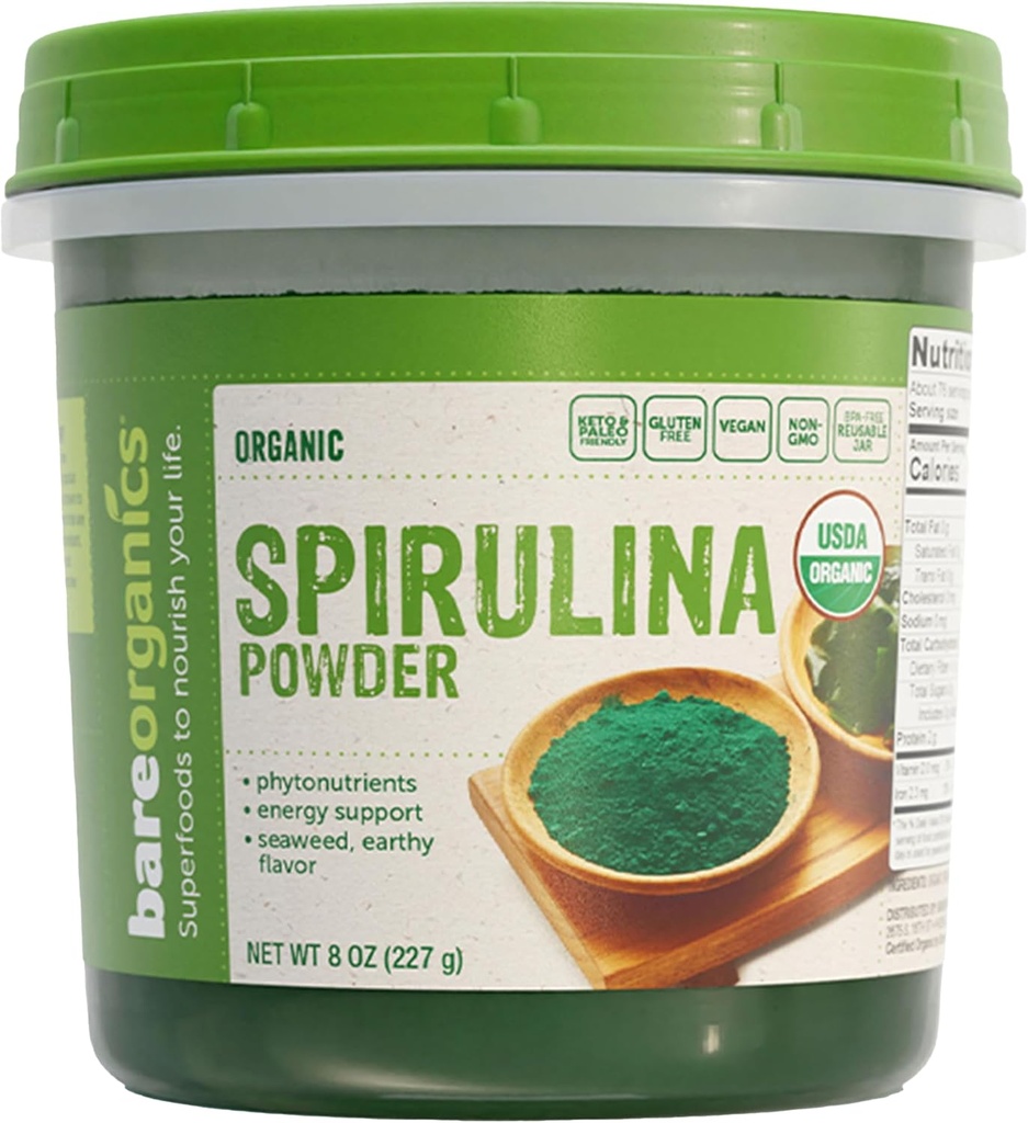 BareOrganics SPIRULINA Powder (Raw - Orgánico), 8 onzas (paquete de 1)