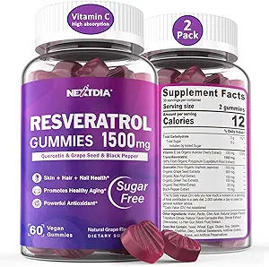 Resveratrol Supplement 1500mg - Resveratrol Gummies Supports NAD+, NMN & NMNH Synergy, with Quercetin, Grape Seed, Acai Berries Extracts for Antioxidant, Healthy Aging &amp; longevity, Skin, Brain - 2Pcs