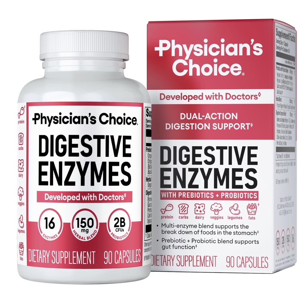Enzymes Digestivos de la CHOICE de Physician - Multi Enzymes, Prebióticos Ecológicos " Probióticos para la Salud Digestiva " Salud Gut - Tiempo de Composición Alivio " Bloating - Dual Action Approach - 90 CT