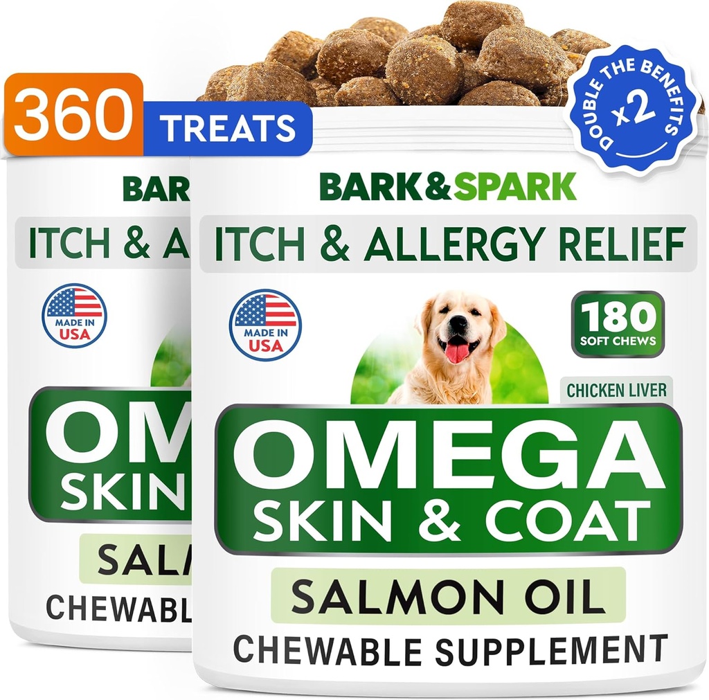 BARK limitadaSPARK (Pack of 2 Omega 3 for Dogs - 360 Fish Oil Chews for Dog Shedding, Skin Allergy, Itch Relief, Hot Spots Treatment - Joint Health - Skin & Coat Supplement - EPAÑA Ácidos grasos