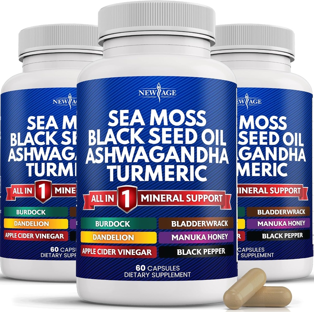 NEW AGE Silica Sea Moss, Black Seed Oil, Ashwagandha, Turmeric, Bladderwrack, Burdock - con Manuka, Honey Dandelion, ACV Black Pepper Gluten Free