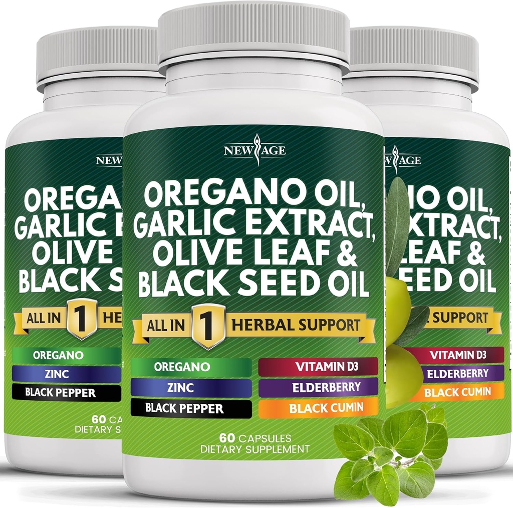 NUEVO AGE Oregano Aceite Ajo Extracto Hoja de oliva con Astragalus - Suplemento para Mujeres y Hombres - 180 Conde