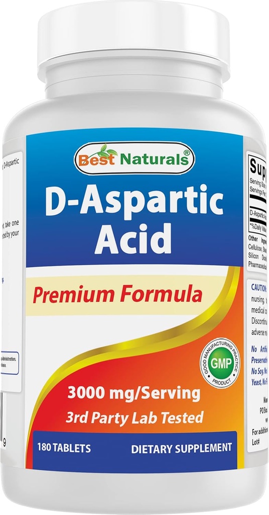 Best Naturals D Aspartic Acid (DAA) 3000mg por Serving - Non-GMO & Gluten Free - 180 Tablets