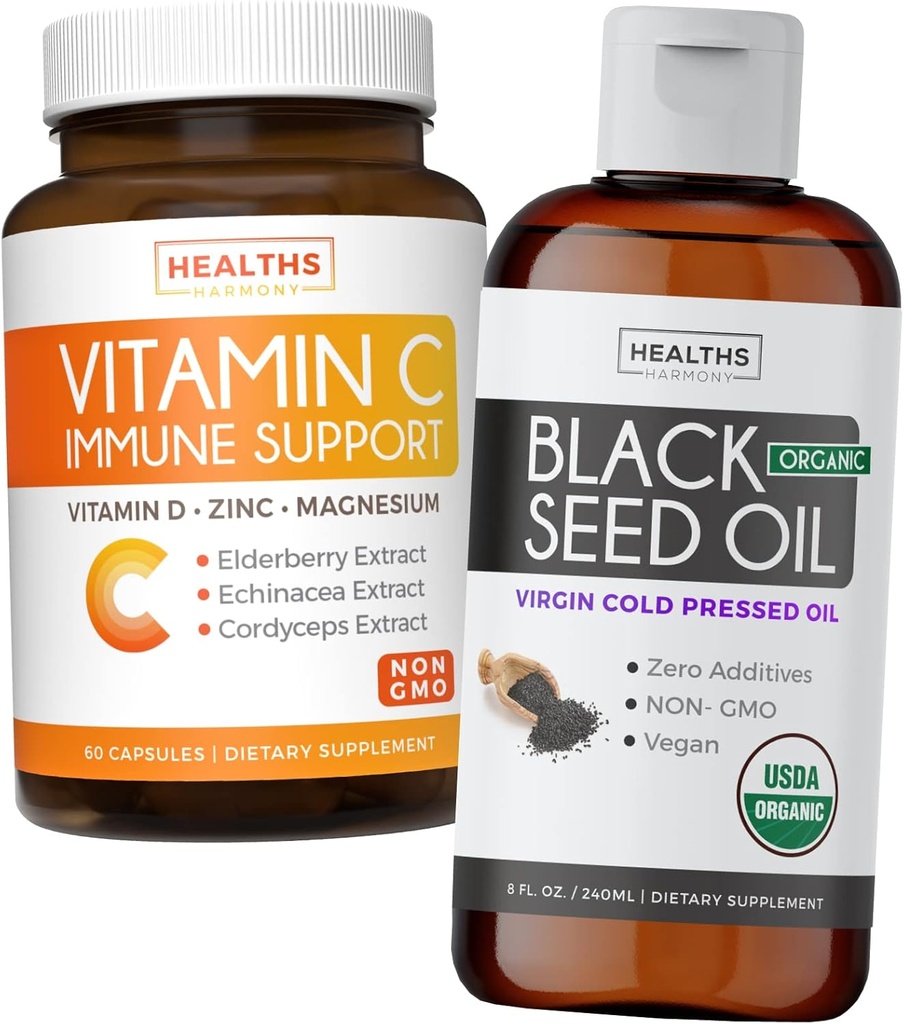 Bundle of Black Seed Oil Liquid & Vitamin C - Immune Fusion Booster Pack - Organic Black Seed Oil Liquid (8fl oz) Premium Cold-Presed Nigella Sativa & Vitamina C Immune Support (Non-GMO)(60 cápsulas)