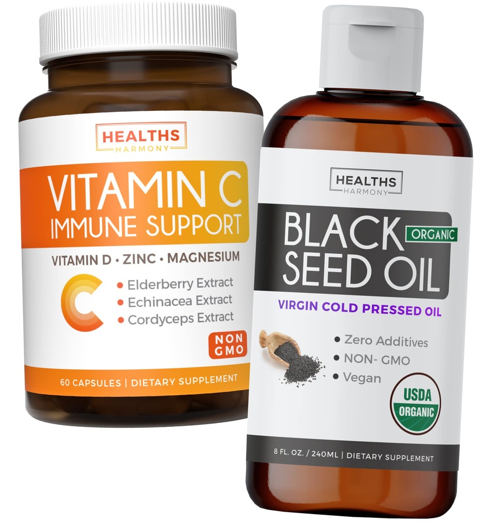 Bundle of Black Seed Oil Liquid & Vitamin C - Immune Fusion Booster Pack - Organic Black Seed Oil Liquid (8fl oz) Premium Cold-Presed Nigella Sativa & Vitamina C Immune Support (Non-GMO)(60 cápsulas)
