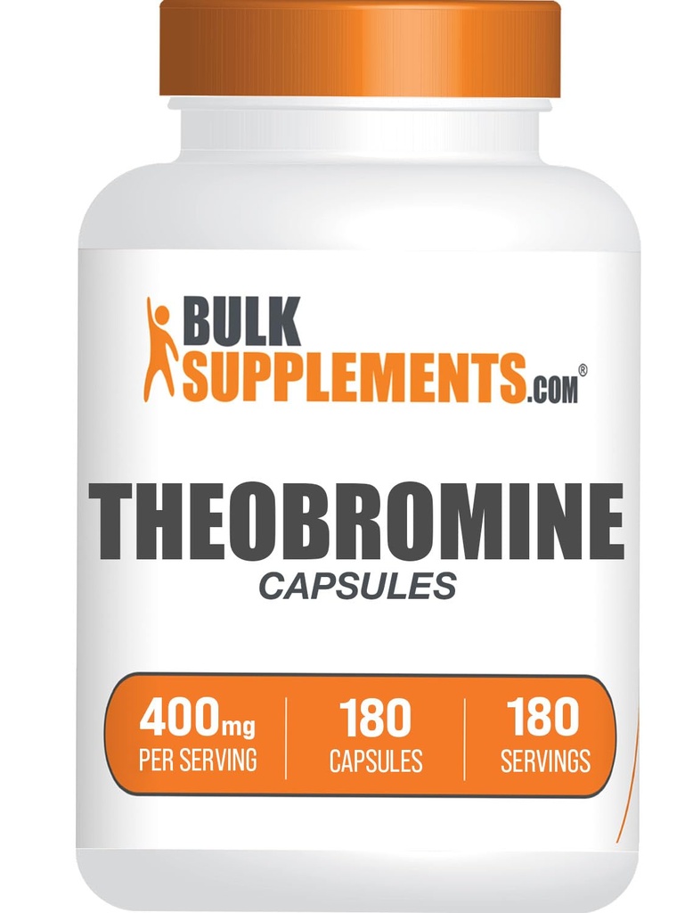 BulkSupplements.com Theobromine Capsules - Suplemento Theobromine, Suplemento Nootropic, Theobromine 400mg - Brain &amp; Energy Support - Gluten Free, 1 cápsula por servicio, 180 cápsulas